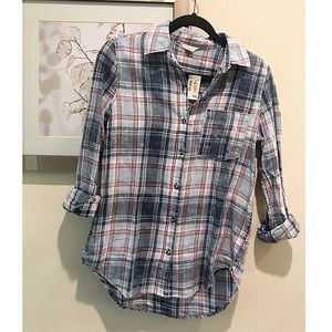 Woman’s Red White and Blue Plaid Button-up